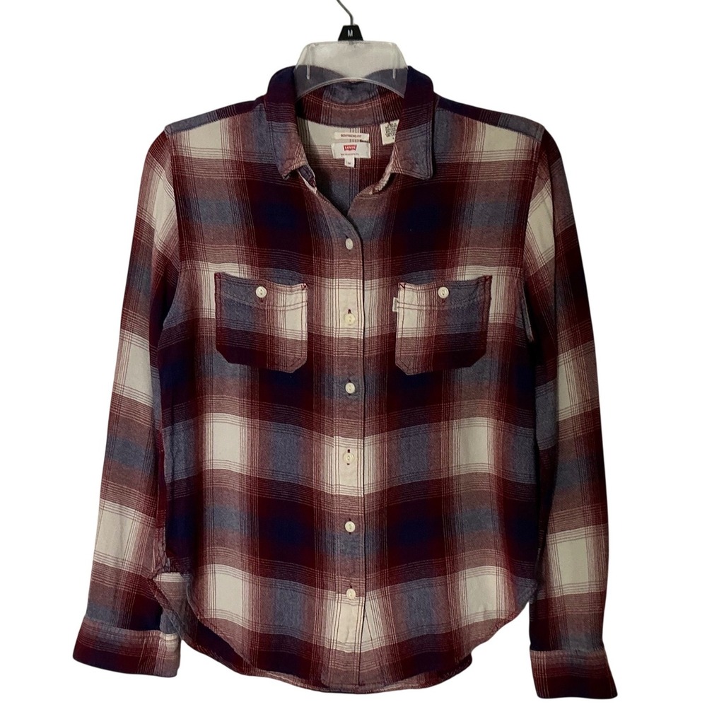Levis Boyfriend Fit Plaid Flannel Shirt Womens Medium Burgundy Navy‎ Button Down